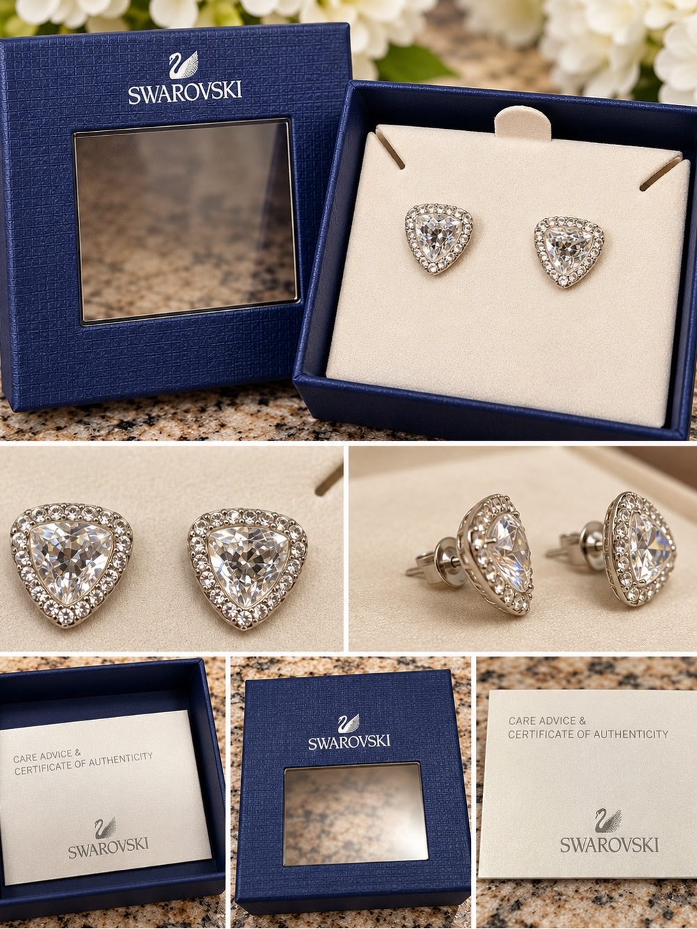 Swarovski Clear Crystal Halo Triangle Stud Earrings in Silver Tone